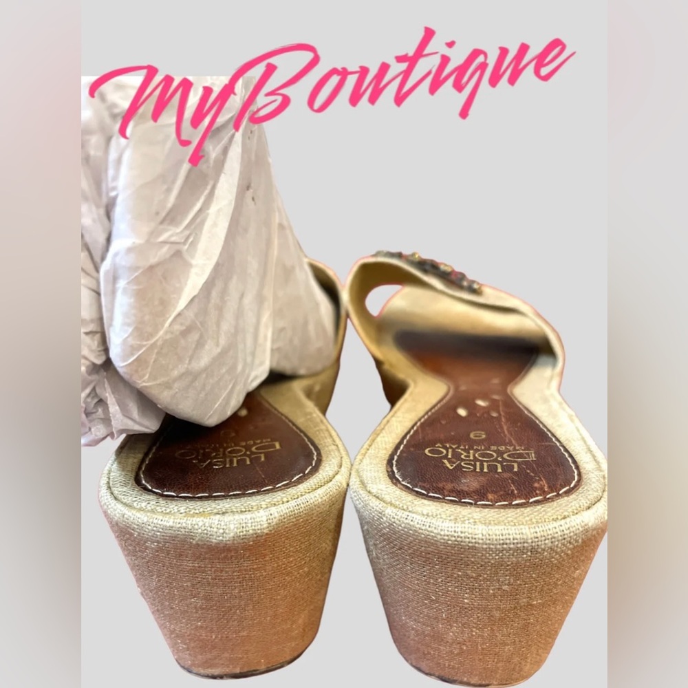 LUISA D’ORIO 🇮🇹 ITALY WEDGE JEWELED SANDAL METALLIC CANVA & BROWN LEATHER sz 9 - Picture 6 of 7